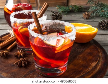 Fragrant Autumn And Winter Sangria With Oranges, Apples, Cranberries And Spices