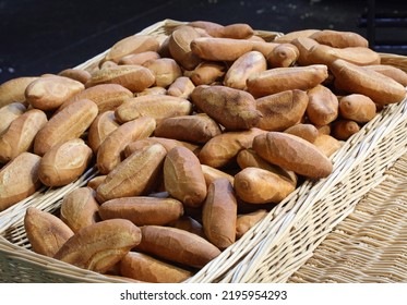 Fragrant Freshly Baked Loaves In The Parisian Bakery Inside The Wicker Basket