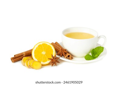 Fragrant hot tea with cinnamon stick and anise isolated on white background. A cup of hot tea with honey, lemon, mint and apples. Spicy tea with spices. Immunity tea. Health concept. - Powered by Shutterstock