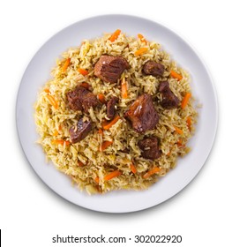 Fragrant Pilaf With Meat And Vegetables Top View On A Plate. Isolated On White.