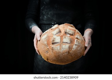 Fragrant White Baked Bread In Women's Hands. Black Flour Baking Background.