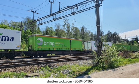 Fraight Train On Electrified Rail Way In The Forest Outside Of Oslo, Norway - July 15, 2021