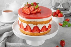 Fraisier Mousse Cake. Strawberry Cake With Sponge Cake, Mousse And Jelly On A Gray Concrete Background. Summer Dessert. Selective Focus. Copy Space.