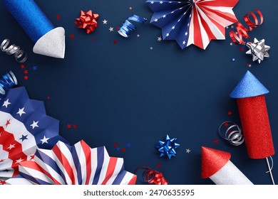 Frame of American flag colors paper fans, firework rockets, confetti on dark blue background. US Independence Day, American Labor day 4th of July, Presidents Day, election concept - Powered by Shutterstock