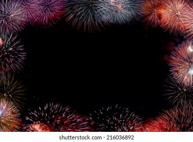 Frame (border) Composed Of Firework Flares Isolated On Black Background With Empty Copyspace To Insert Some Text Or Images.