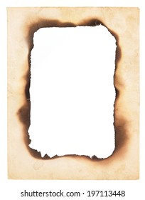 A Frame Or Border Formed From A Very Old, Creased Paper With The Center Burned Away Leaving A Blank Space. Isolated On White.