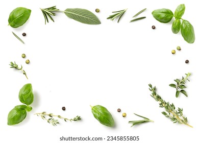 frame or border made of loosely spread mediterranean herbs isolated over a white background, basil, thyme, oregano, rosemary sage and green and black pepper, cut-out herbs and food element - Shutterstock ID 2345855805