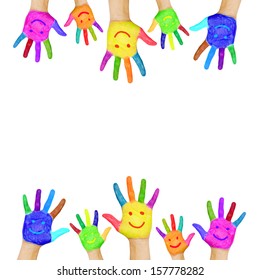 Frame Of Colorful Hands Painted With Smiling Faces. Fun, Joy, Happiness And Good Cheer. Baby, Child And Adult Hands, Ready For Your Logo, Text Or Symbols. Joyful Party. Isolated On White Background