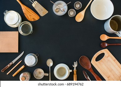 Frame Composition Kitchen Accessories Preparation Cooking Black Table Wooden Metal Dishes Ware Different Support Stuff Top View Flat Lay Copy Space
