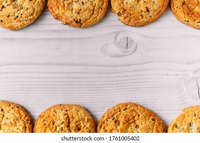 Frame Composition Of Oatmeal Cookies On White Wood Table Background With Copy Space. Image Use For Commercial Or Menu Layout Design. Winter, Autumn, Kitchen. Flat Lay. 