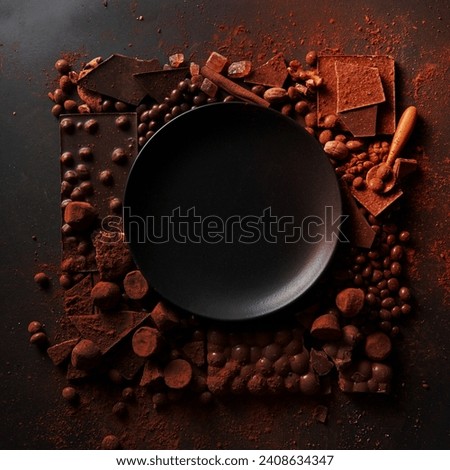 frame of different chocolates and cocoa powder with black plate for the text on a dark background