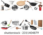 Frame of different kitchenware on white background, space for text