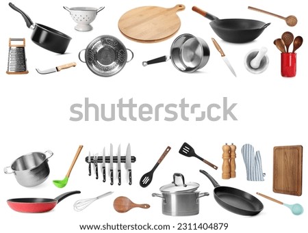 Frame of different kitchenware on white background, space for text