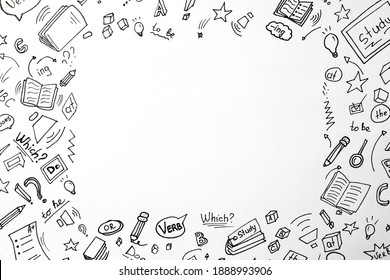 Frame of drawings on white background, top view with space for text. Learning English - Shutterstock ID 1888993906