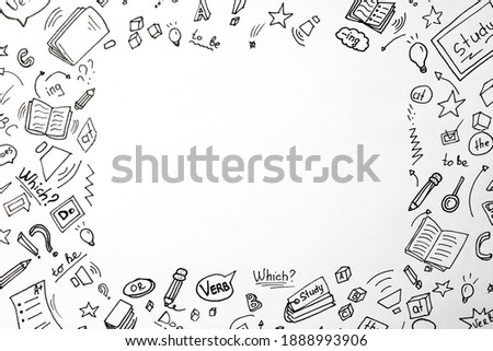 Frame of drawings on white background, top view with space for text. Learning English