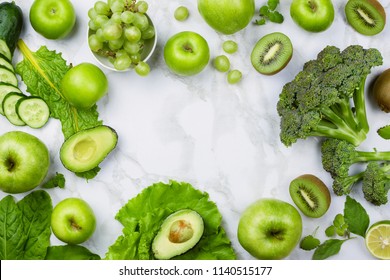 Frame Flatlay Arrangement With Various Green Fruits And Vegetables. Healthy Lifestyle And Diet Concept.