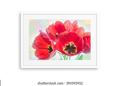 Frame with floral motif picture, bouquet of beautiful red tulips on colorful background, painting style