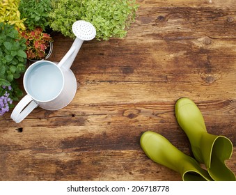 Frame Of Garden Tools And Flowers. Top View.