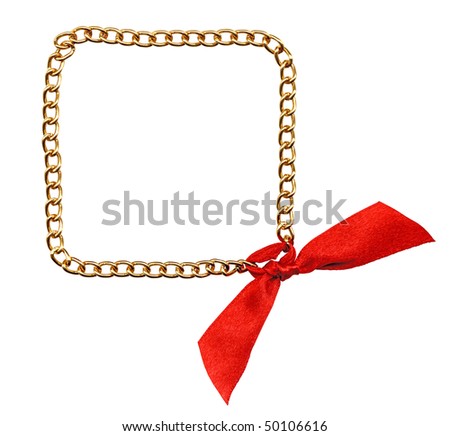 frame from gold chainlet with red ribbon isolated on white background. Accessories for sewing and scrapbooking decorations