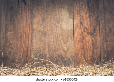 Frame Of Hay On Rustic Wooden Floor With Space For Text