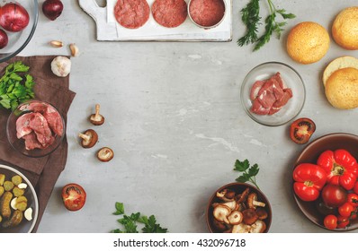 Frame With Ingredients For Cooking Burgers, Top View. Food Background, Overhead View