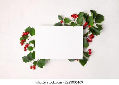 Frame Of Leaves With Autumn Red Hawthorn Berries, Red Berry With White Paper Card Note With Space For Text On A White Background. Top View, Flat Lay