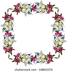 Frame with lilies and bows. Beautiful floral border(Variant 2). 