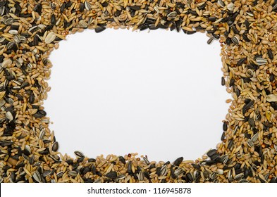 Frame Made Of Bird Seed And A White Background