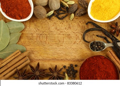 Frame made of different spices - cinnamon, star anise, nutmeg - Shutterstock ID 83380612