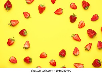 Frame made of fresh ripe strawberry on color background