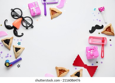 Frame Made Of Hamantaschen And Decor For Purim Holiday On White Background