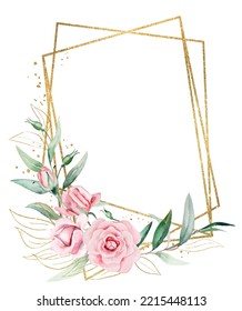 Frame Frame Made Of Light Pink Watercolor Flowers And Green And Golden Leaves Illustration Isolated. Floral Element For Romantic Wedding Or Valentines Stationery And Greetings Cards