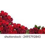 Frame made of red roses on copy space background. View with copy space. Flat design frame concept.