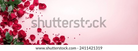 Frame made of rose flowers, confetti on pink background. Valentine's Day background.