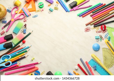 Frame Made Of School Stationery On Light Background