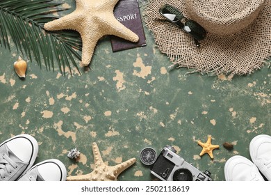 Frame made of starfishes, hat and sneakers on green grunge background, closeup - Powered by Shutterstock