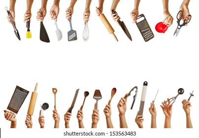 Frame with many hands holding different kitchen tools like knife, scissors and spoon - Powered by Shutterstock