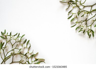 Frame Of Mistletoe Branch With Green Leaves And White Berries On A White Background