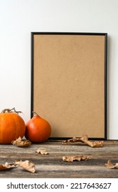 Frame, Mockup. Pumpkin, Squash. Happy Thanksgiving Day Wooden Table, Background Decorated With Pumpkins And Autumn Leaves Garland. Holiday Autumn Festival Scene, Fall, Harvest. Halloween