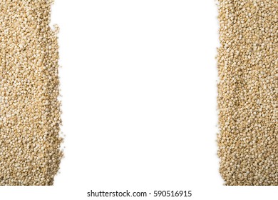 Frame From Organic Quinoa (uncooked / Chenopodium Quinoa)on Isolated  On The White Background,with Clipping Path  Overhead Horizontal View.Dry Grains Of Gluten Free Cereal Quinoa.