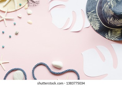 Frame Of Panama Hat, Palm Leaves And Sea Stars