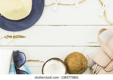 Frame Of Panama Hat, Sunglasses And Coconut