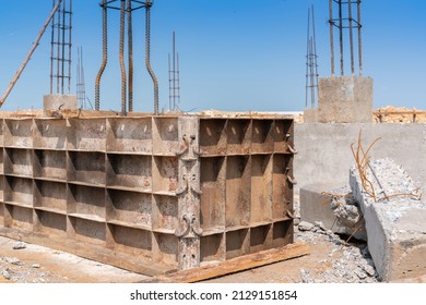 Frame Of Pile Cap For Pour Concrete Foundation Building In Construction Site.