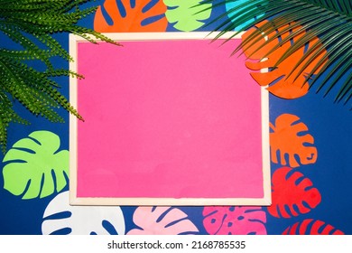 Frame With Pink Copy Space Around Colorful Jungle Leaves, Creative Tropical Design, Summer Colors, Clue Background