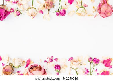 Frame with pink roses isolated on white background, Flat lay, Top view - Powered by Shutterstock