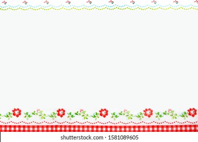 frame red flowers on white background with copy space Floral Spring and Summer Wallpaper with Tiny Flowers, Leaves, Green Branches. Easter,blog Background. Cute Botanical Border, Frame, Wreath,Checker