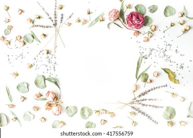 Frame With Roses, Lavender, Branches, Leaves And Petals Isolated On White Background. Flat Lay, Overhead View