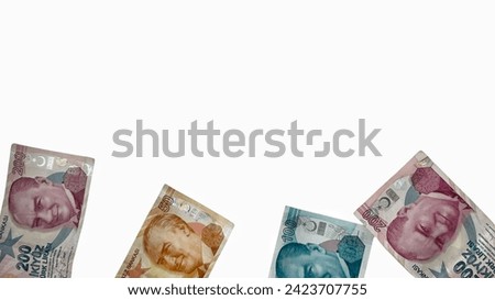 Frame of turkish lira on a white background. Turkish money. 50 tl, 100 tl, 200 tl. Banner for website, desktop wallpaper, copy space for text and advertising, blank, empty, white, clear space