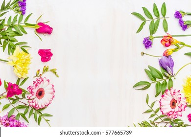 Frame from a variety of spring and summer flowers, space for text