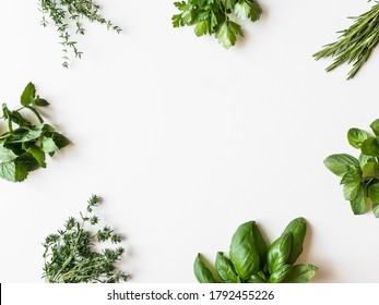 Frame of various fresh green kitchen herbs. Parsley, mint, savory, basil, rosemary, thyme over white background, top view. Spring or summer healthy vegan cooking concept